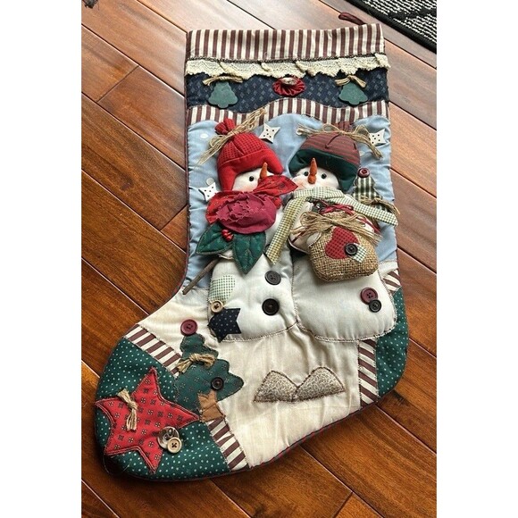 Christmas Stocking Snowman Farmhouse Country Large Quilted Vintage Stockings - Picture 1 of 10
